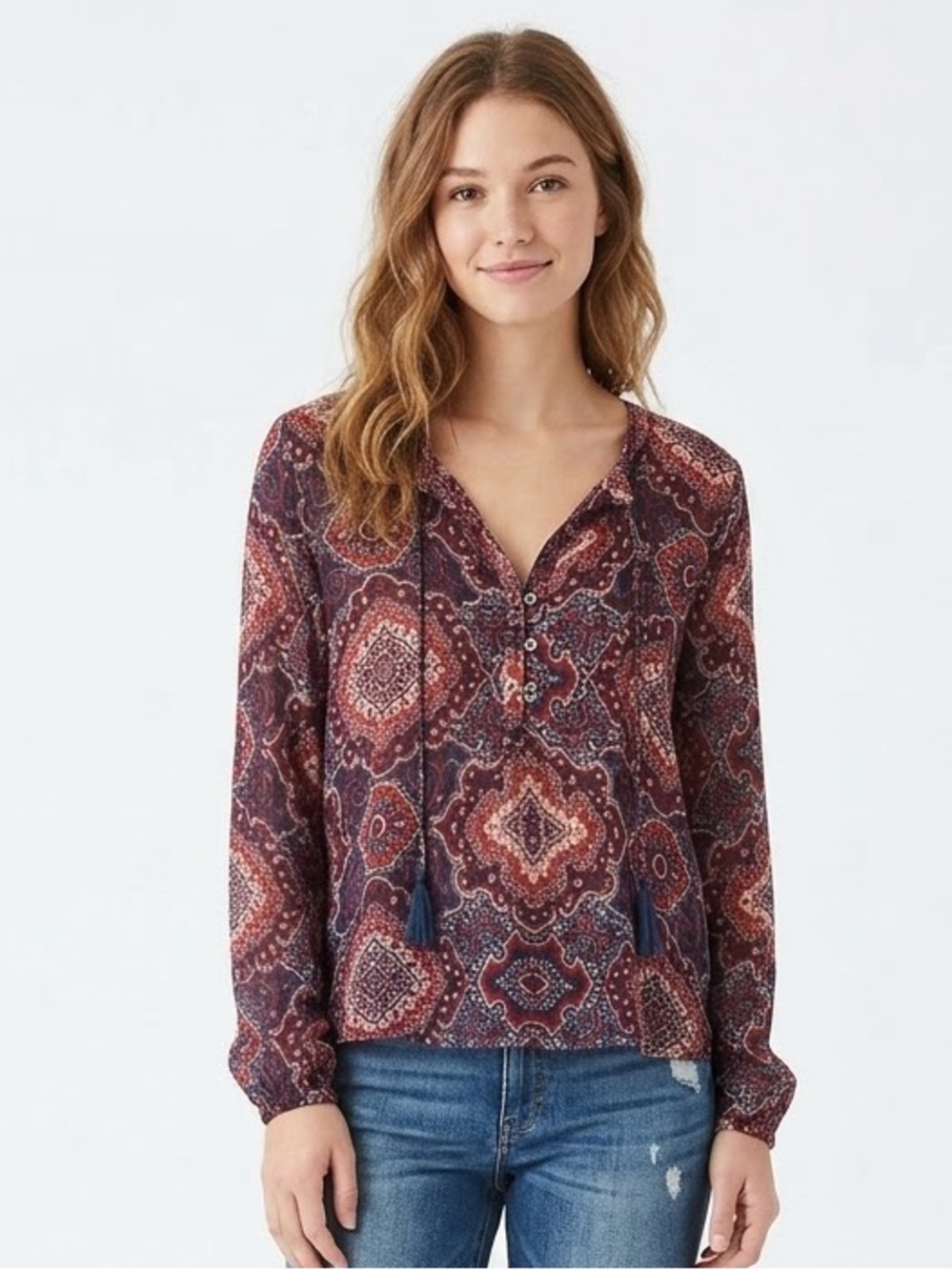 LUCKY BRAND | SHEER PAISLEY PEASANT BLOUSE WITH TASSLE TIE